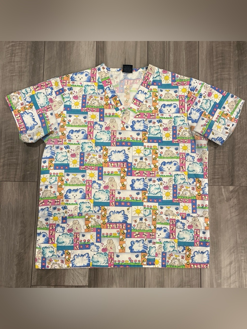 MG Medgear Women's Short Sleeve Cartoon Patchwork Print Scrub Top - Multi-Color